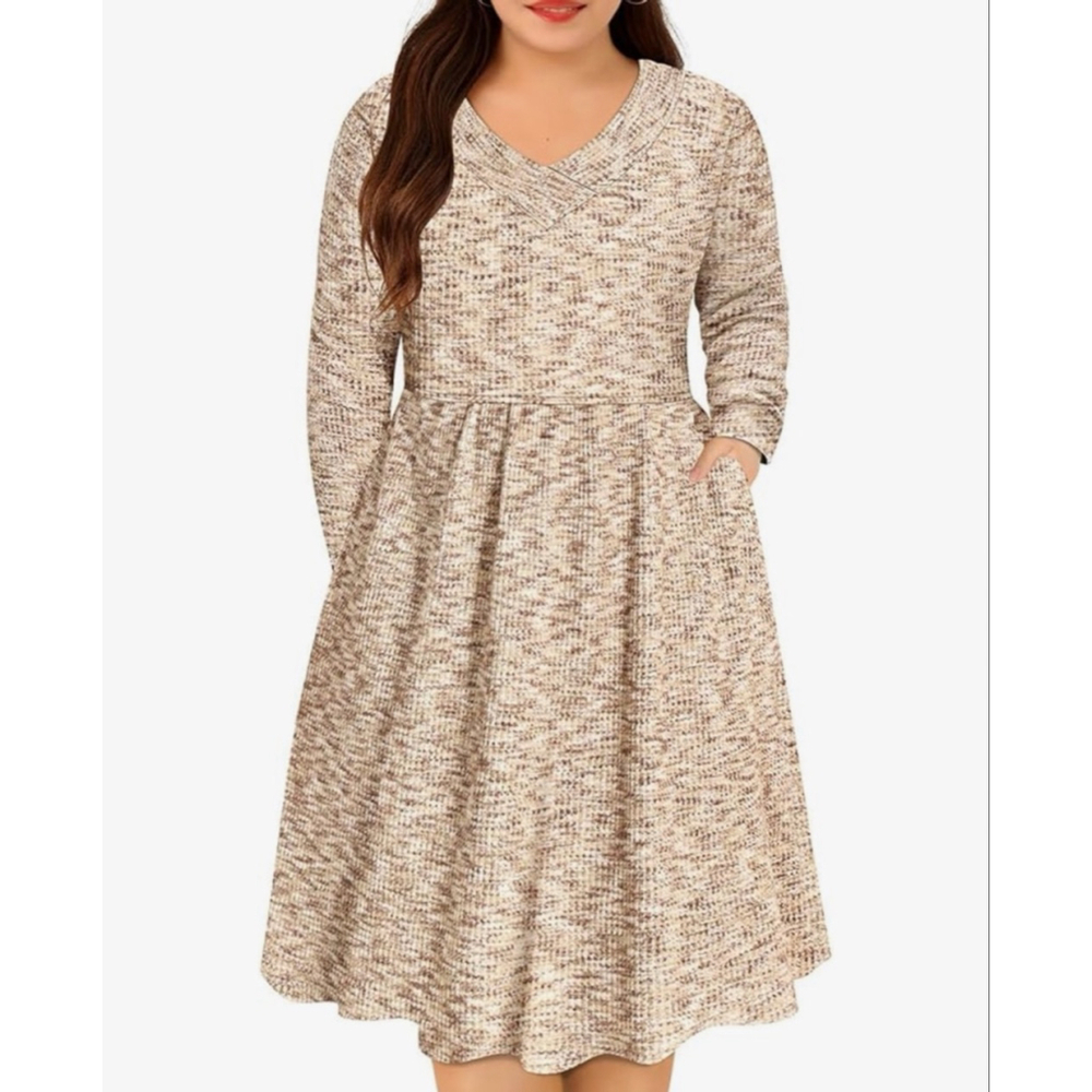 NEW Plus Size Long Sleeve Ribbed Knit High Waisted Dress 2X